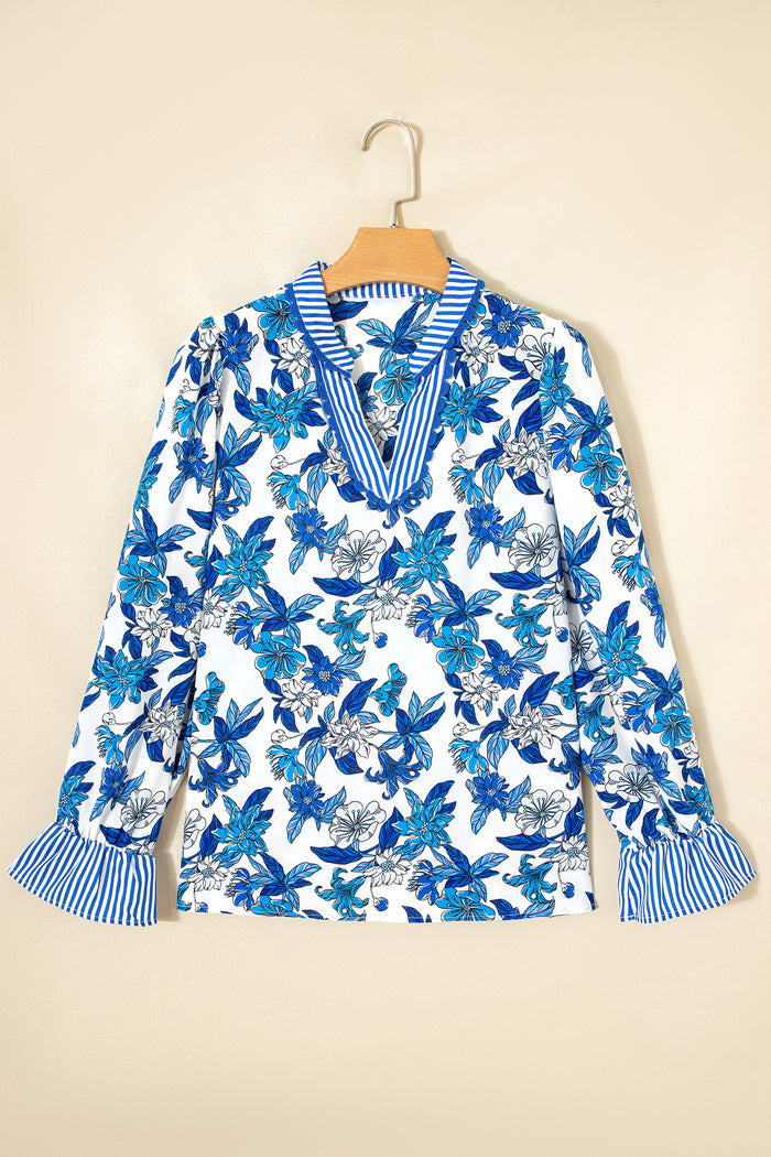 Sky Blue Floral Print Striped Patchwork Long Flounce Sleeve Ricrac Trim V Neck Blouse