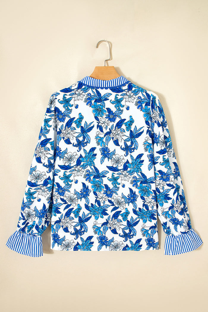 Sky Blue Floral Print Striped Patchwork Long Flounce Sleeve Ricrac Trim V Neck Blouse