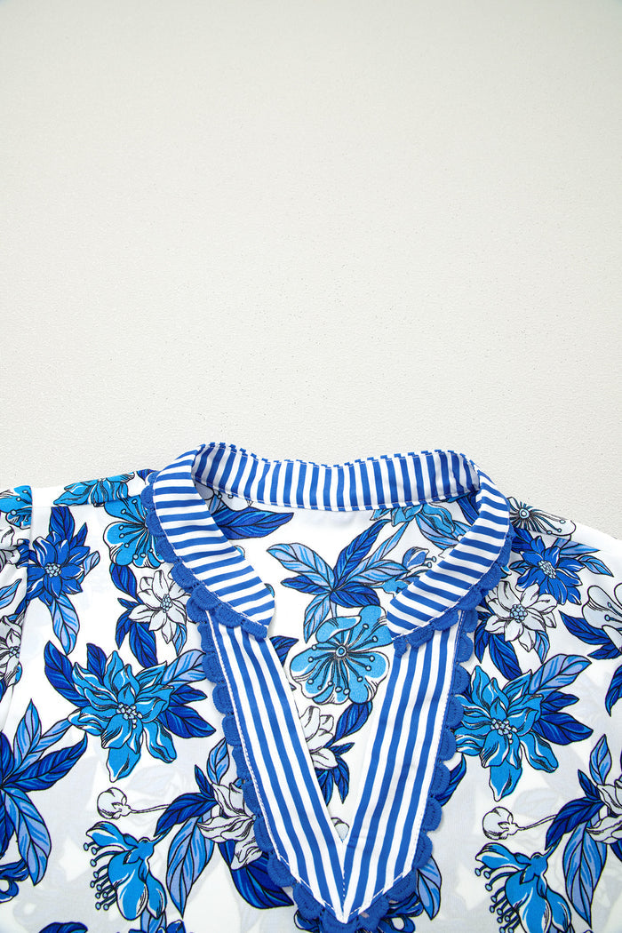 Sky Blue Floral Print Striped Patchwork Long Flounce Sleeve Ricrac Trim V Neck Blouse