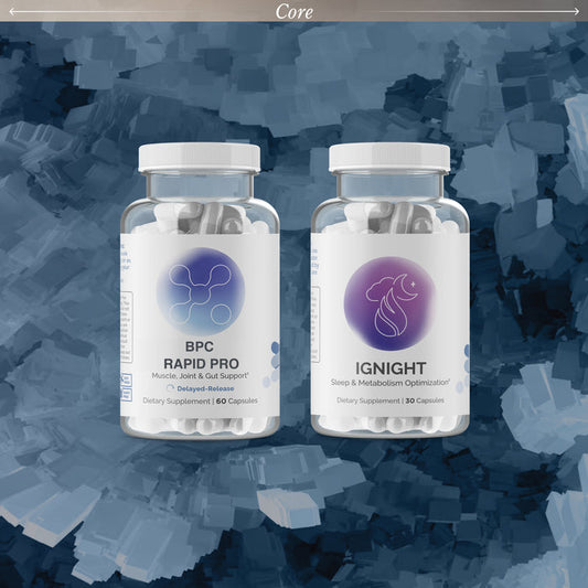 Protocol comparison graphic showing InfiniWell BPC Rapid Pro and IgNIGHT supplement bottles for the Core Sleep Quality for Recovery protocol