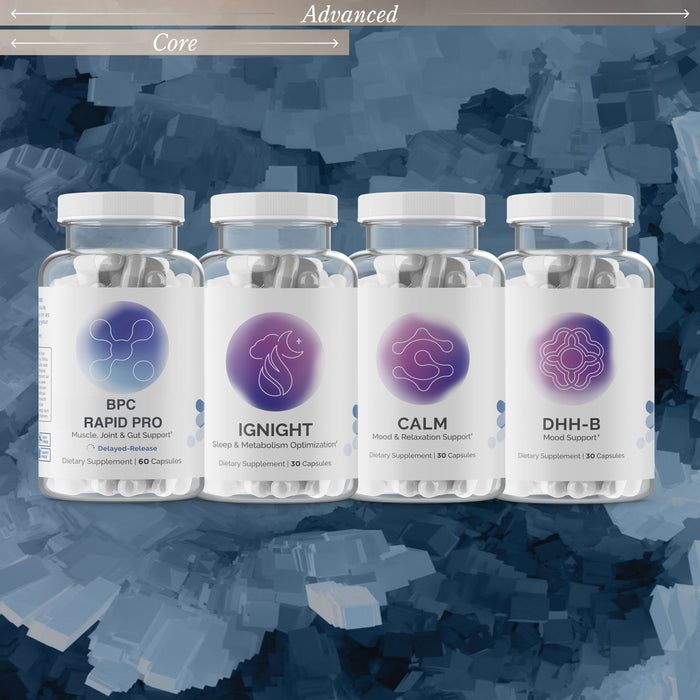 Protocol comparison graphic showing InfiniWell BPC Rapid Pro, IgNIGHT, Calm, and DHH-B supplement bottles for the Advanced Sleep Quality for Recovery protocol