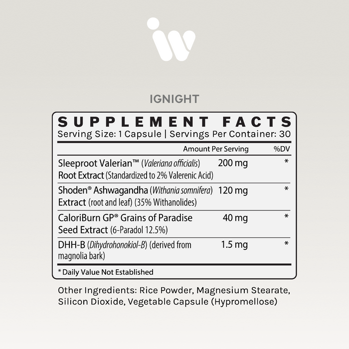 Supplement Facts panel for InfiniWell IgNIGHT showing serving size, active ingredients, dosage, and other ingredients.