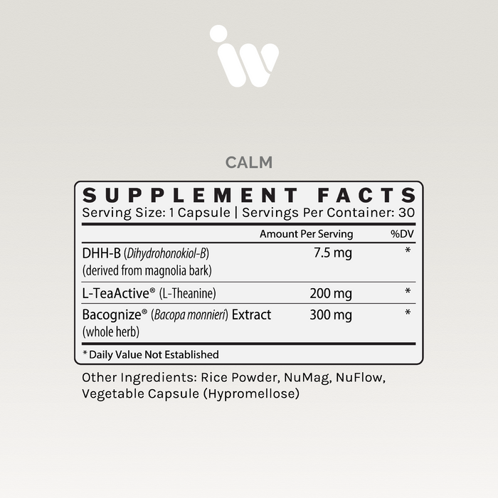 Supplement Facts panel for InfiniWell CALM mood support supplement showing serving size and ingredients.