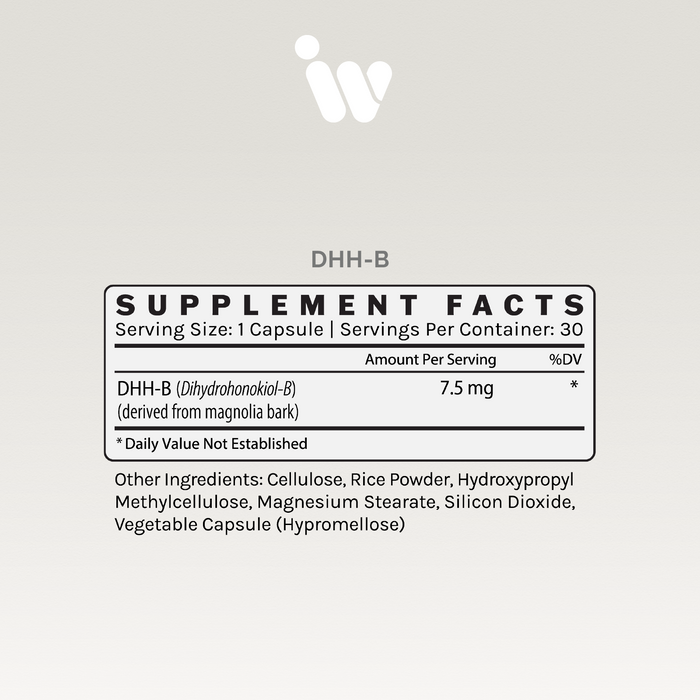Supplement Facts panel for InfiniWell DHH-B Mood Support showing serving size, active ingredient, and other ingredients.
