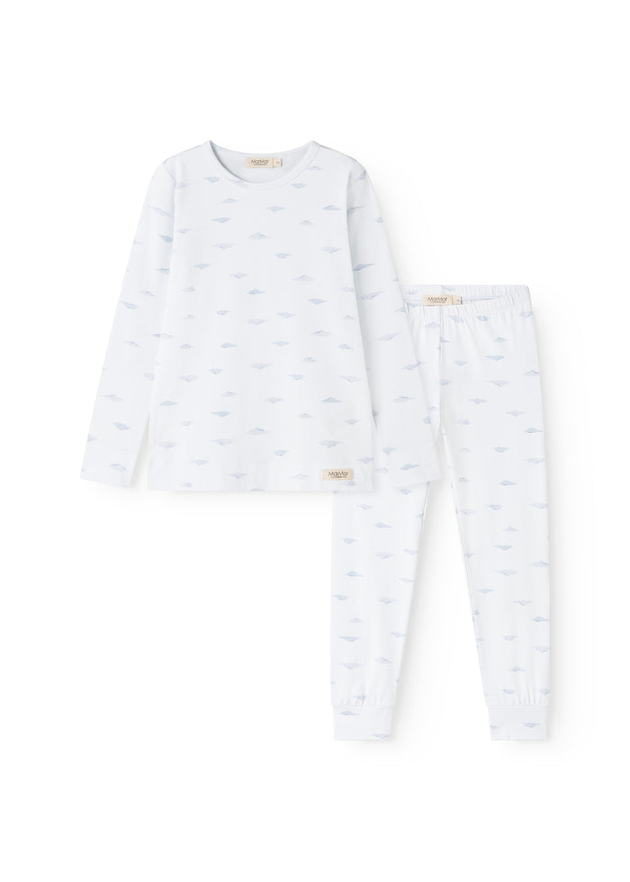 White children's pajamas with long sleeves and trousers, blue whales everywhere.