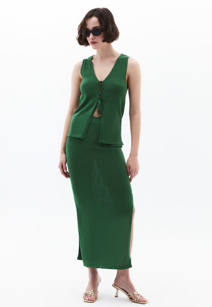 Sleeveless Tunic Vest With Beaded V Neck - ARTICHOKE GREEN