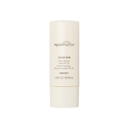 HydroPeptide Solar Dew SPF Mineral Serum in a sleek beige tube with SPF 30, designed for skincare protection and sun defense in a 1.35 fl oz size.
