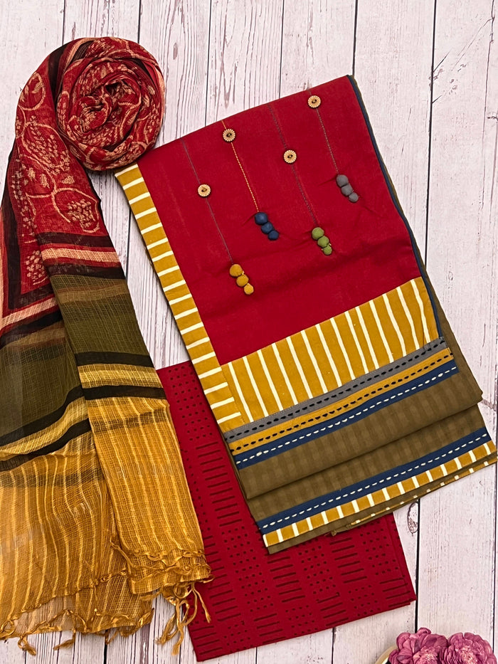 Solid appliqued cotton kurta set