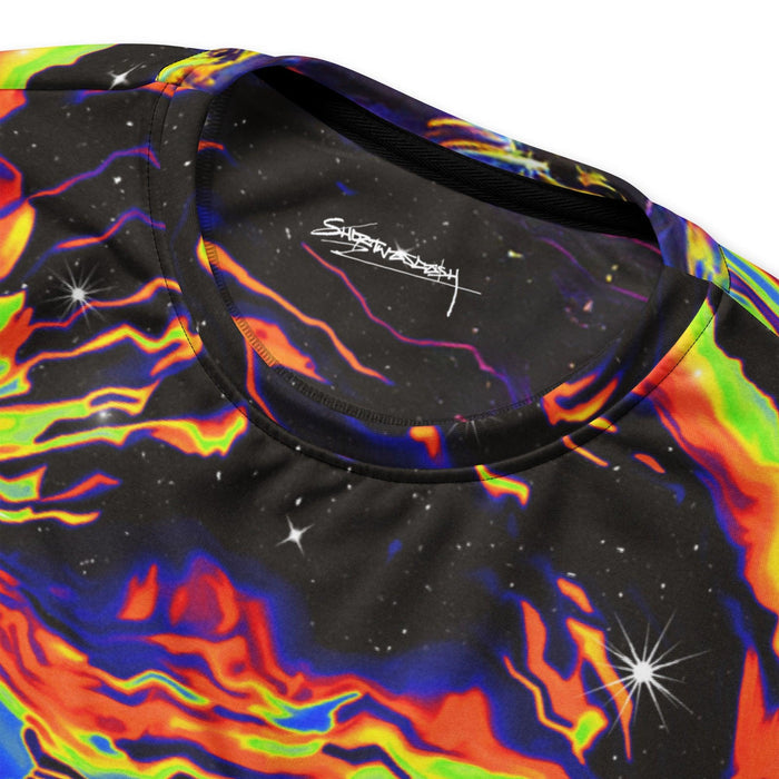 Space Drip Sweatshirt - The viscous distortion of *electric azure (#1E90FF)* and *molten lava orange (#FF4500)* blending into a *void black (#121212)* abyss