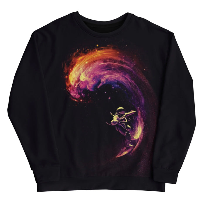 Set against an abyssal black canvas, this surreal graphic features a solitary astronaut surfing a sweeping wave of cosmic energy (composed of nebula clouds rather than water). Contact us with accessibility feedback, we'd love to help!