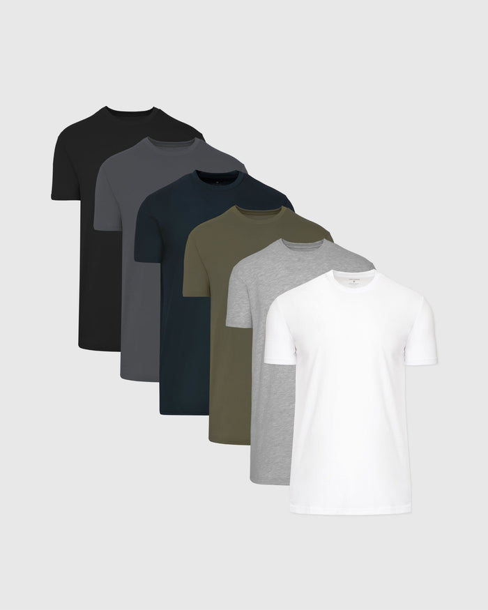 Six-pack of tall straight hem t-shirts in black, dark gray, navy, olive, light gray, and white.