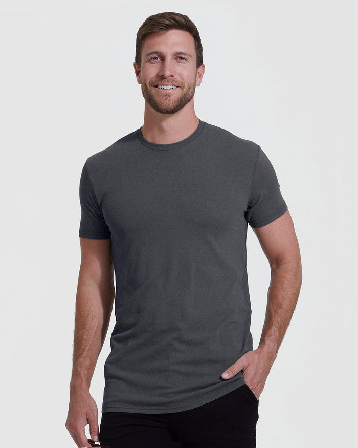 Charcoal gray tall straight hem short sleeve t-shirt on male model.