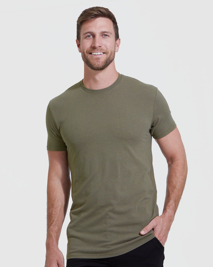 Smiling man in olive Straight Hem Crew Neck T-Shirt.