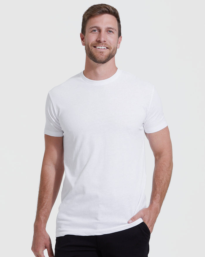 White classic tall crew neck t-shirt with straight hem on male model.