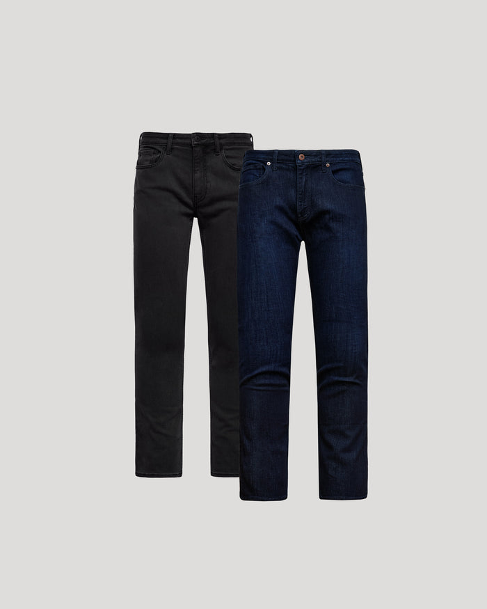 Two pairs of jeans, one black and one blue, on a light gray background.