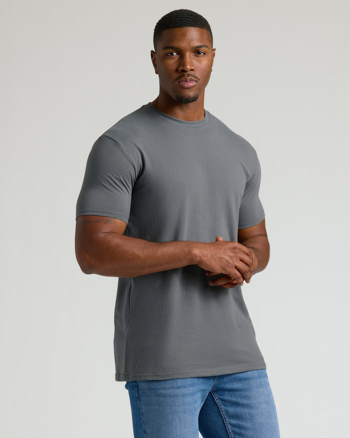 Seasonal Tall Classic Crew 10-Pack: gray crew-neck T-shirt, blue jeans.