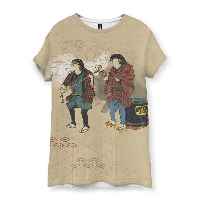 This shirt features a Ukiyo-e woodblock illustration of two anthropomorphic catfish street performers on textured sandstone beige. Contact us with accessibility feedback, we'd love to help!