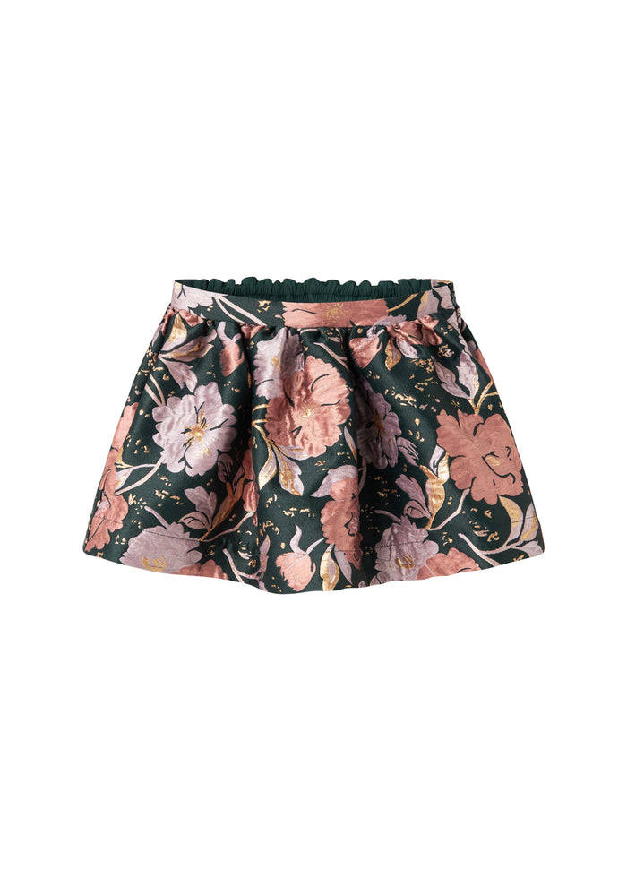 Short dark green skirt with large flowers and bow detail for children