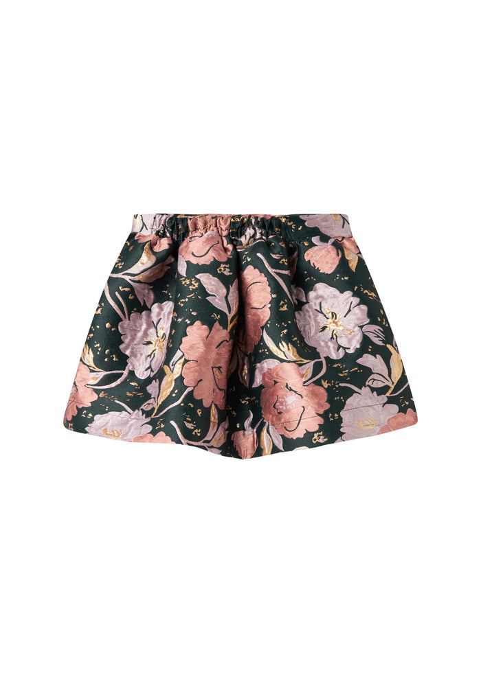 Short dark green skirt with large flowers and bow detail for children