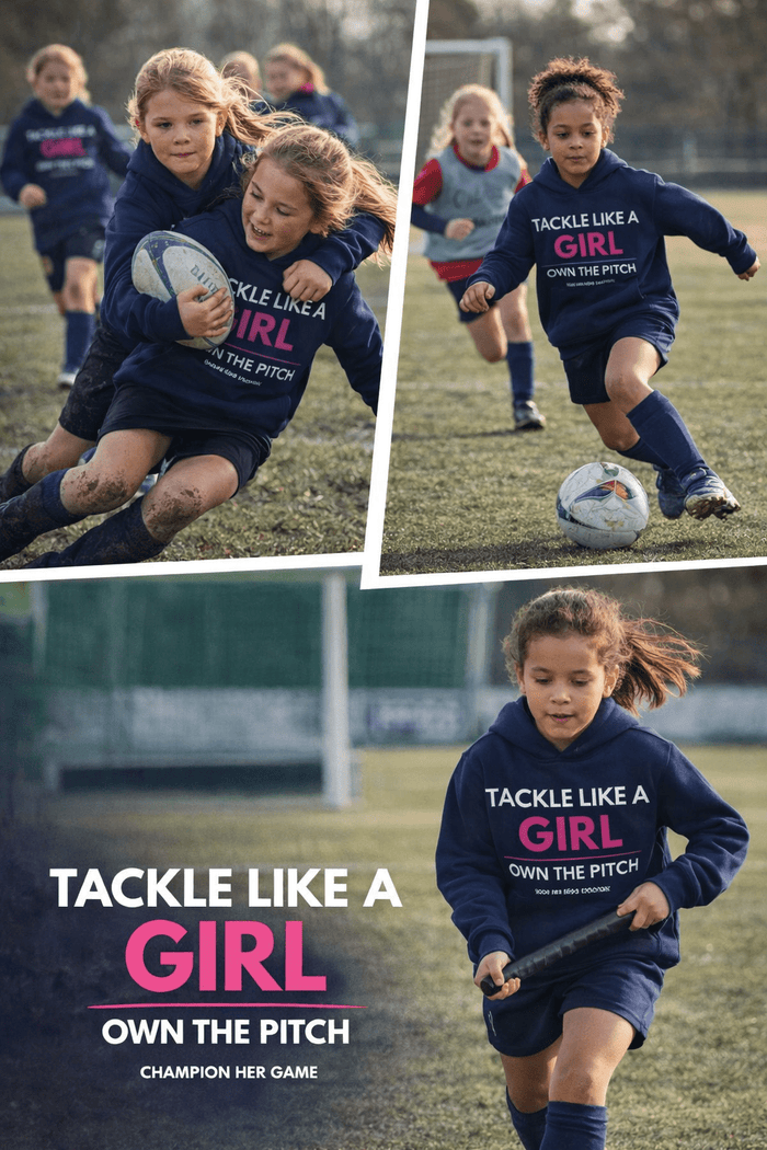 Navy Blue Tackle Like A Girl Hoodie – Perfect for pre-match days girls grassroots teams