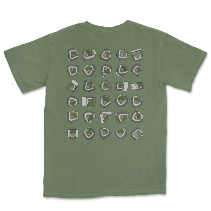 Green T-shirt featuring a pattern of various stylized baseball stadiums and fields, inspired by "Take Me Out To The Ball Game.
