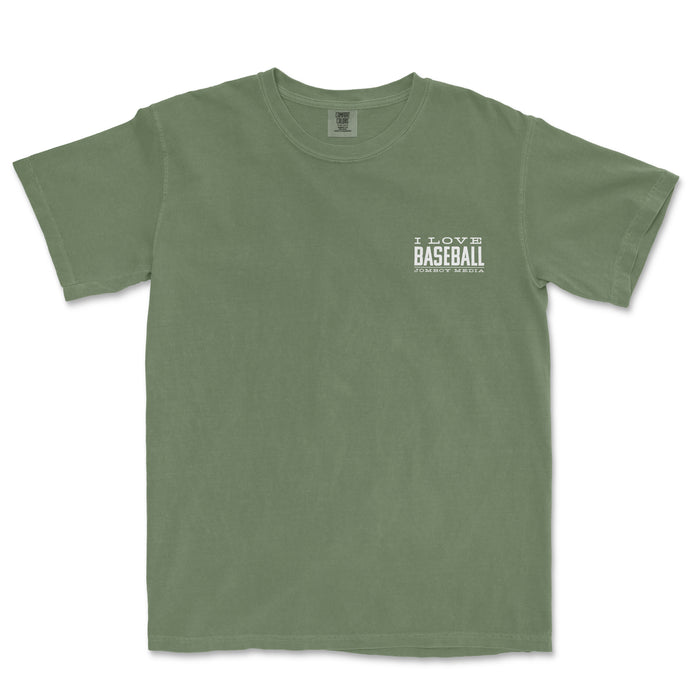 Green T-shirt with white text that reads "I LOVE BASEBALL" and "JOMBOY MEDIA" underneath, featuring a casual, sporty design.