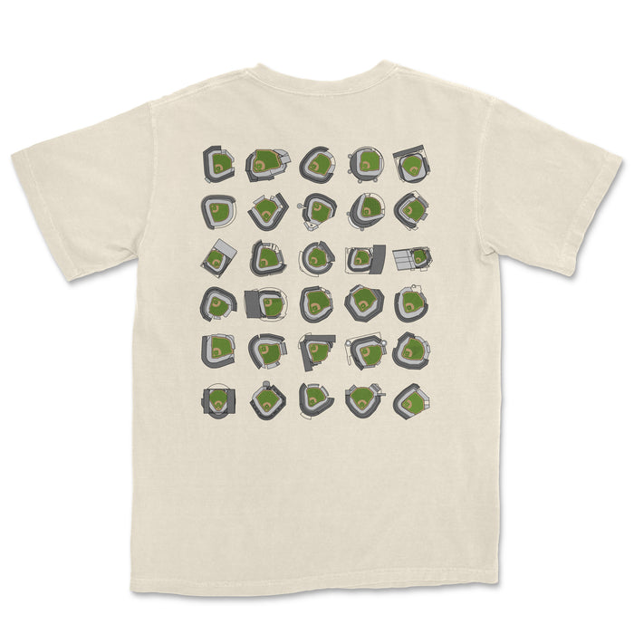Back of beige T-shirt featuring a grid of various stylized baseball stadium illustrations, inspired by "Take Me Out To The Ball Game.