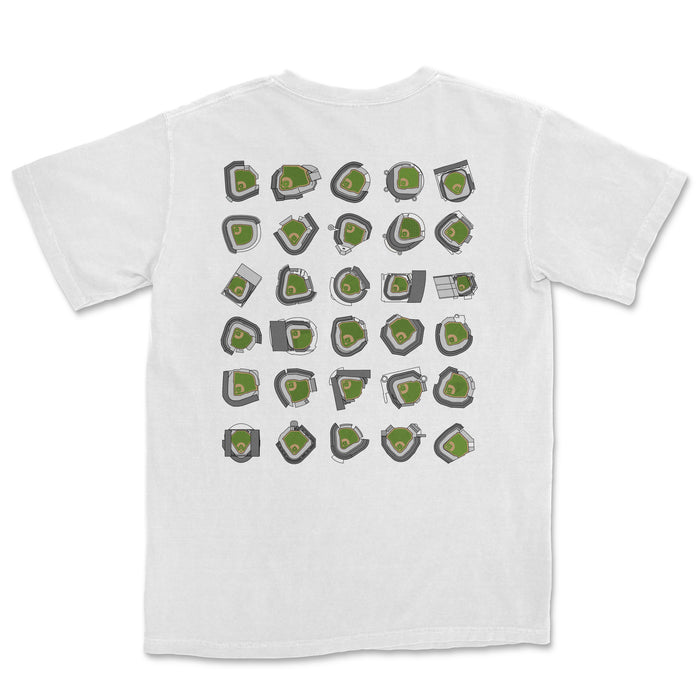 White T-shirt featuring a colorful, stylized graphic of various baseball stadium top-down views, inspired by "Take Me Out To The Ball Game.
