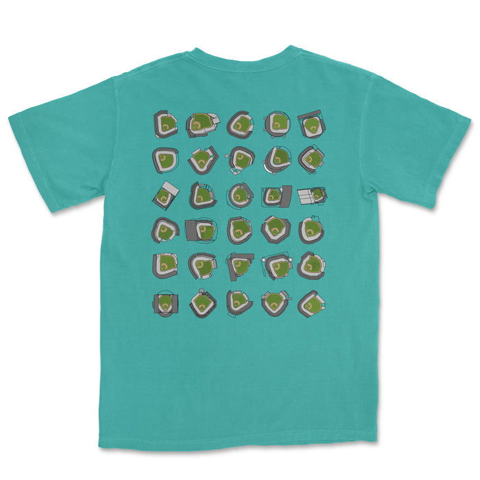 A turquoise T-shirt featuring multiple stylized illustrations of baseball stadiums arranged in a grid pattern.