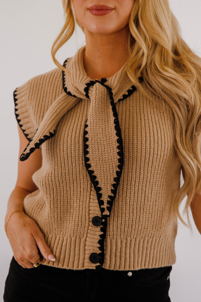 Sleeveless Cardigan Sweater- Women's Necktie Sweater- Women's &Merci Sweaters