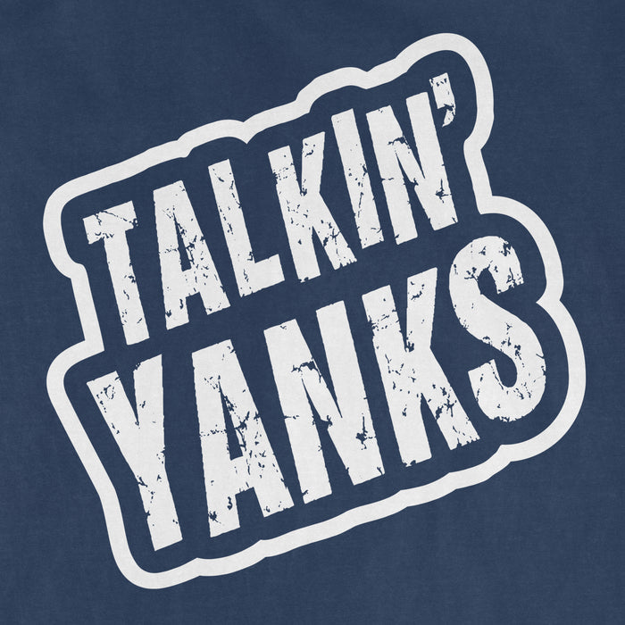 Blue T-shirt with white distressed text reading "Talkin' Yanks" in bold, stylized font.