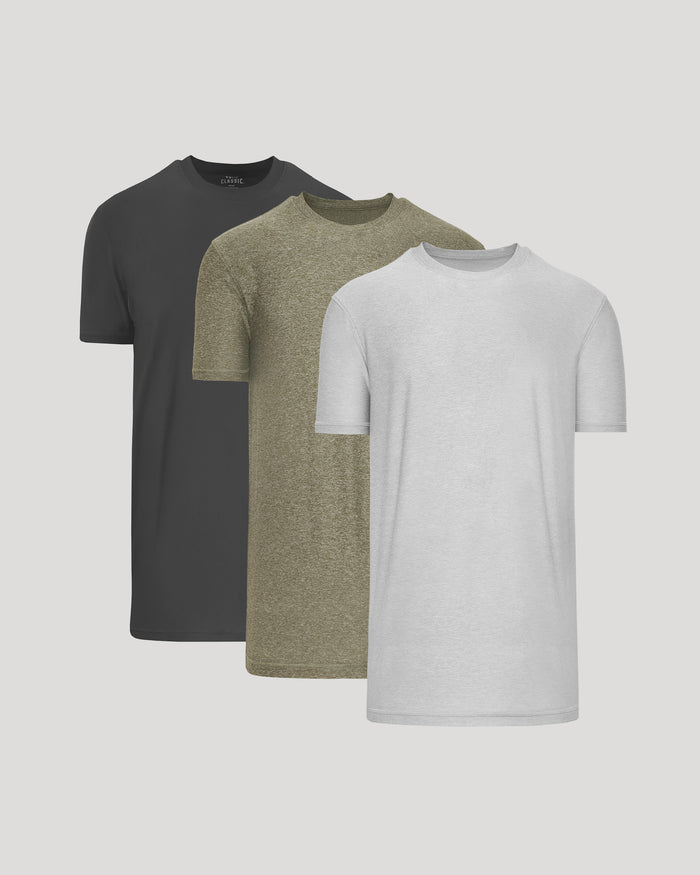 Three crew neck t-shirts in charcoal, olive, and light gray displayed side by side, representing the Tall Active Crew 3-Pack men's basics collection.