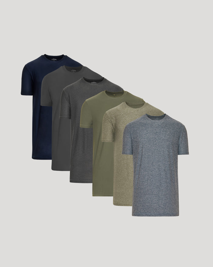 Tall Active Crew 6-Pack: seven earth-tone crew-neck T-shirts displayed in a fan.