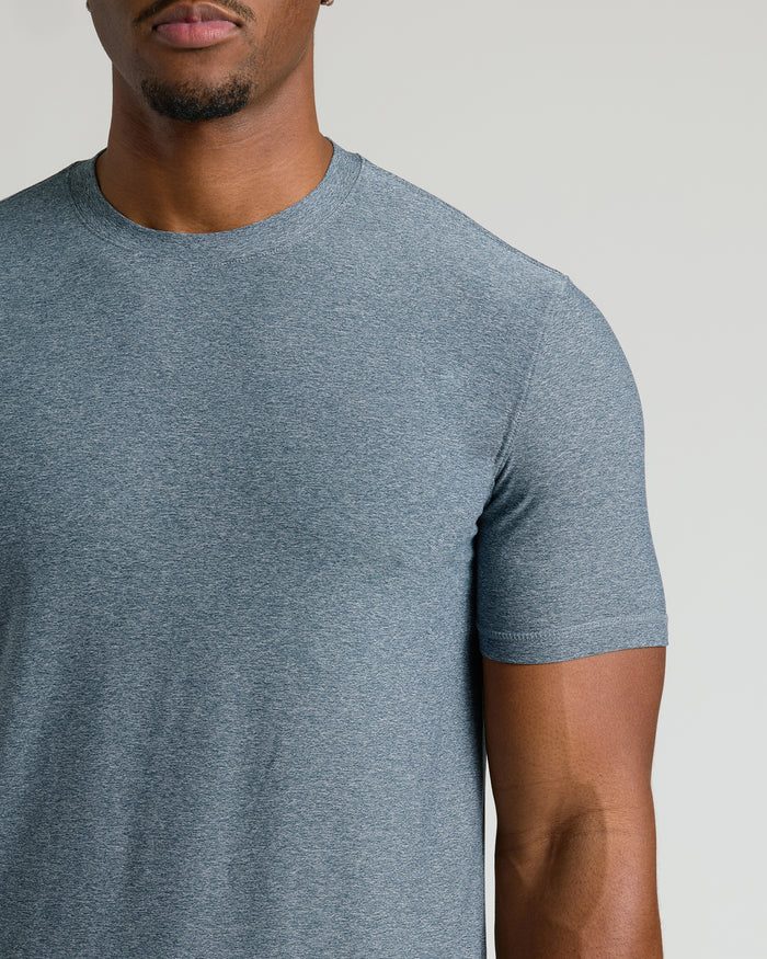 Heather Navy Tall Active Crew Neck 2.0 on person, showcasing fit and stretch.