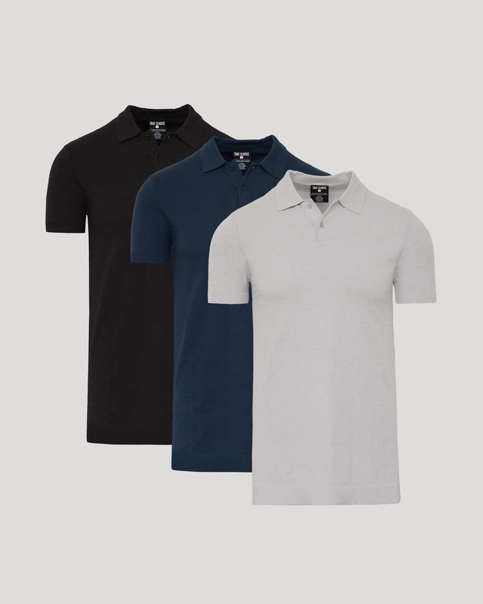 Tall Dressy Polo 3-Pack laid out showcasing light gray, navy, and black.