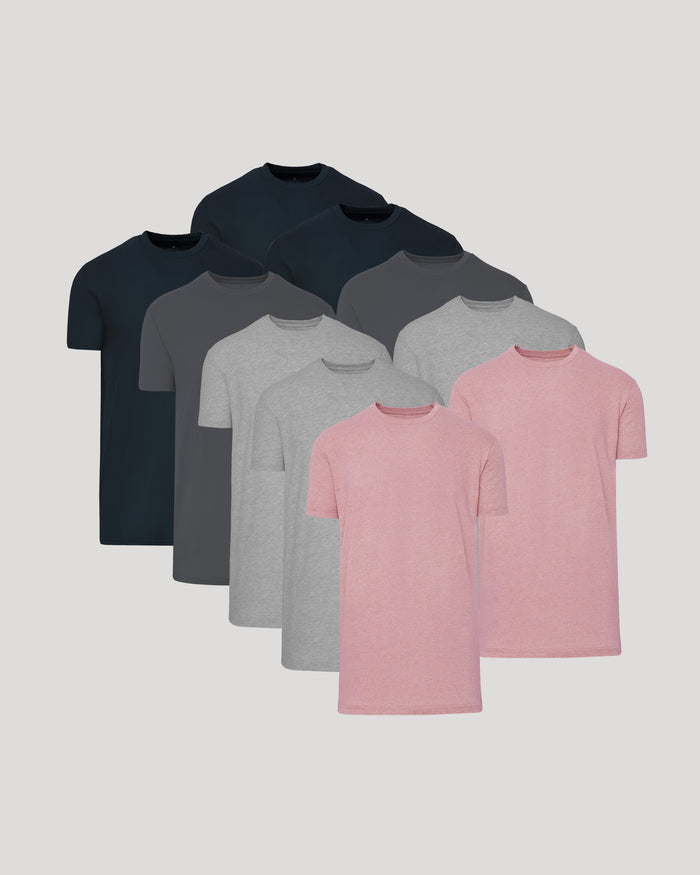 A set of ten Tall Straight Hem Crew Neck T-Shirts in men's basic colors including navy, charcoal, light gray, and pink, arranged in a staggered formation.