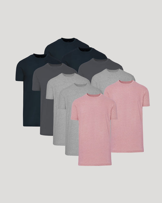 A set of ten Tall Straight Hem Crew Neck T-Shirts in men's basic colors including navy, charcoal, light gray, and pink, arranged in a staggered formation.