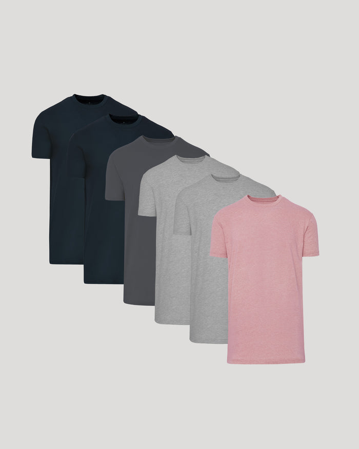 Six crew neck Tall Straight Hem T-Shirt 6-Pack in varying shades of black, gray, and pink, displayed against a light background, showcasing men's basics.