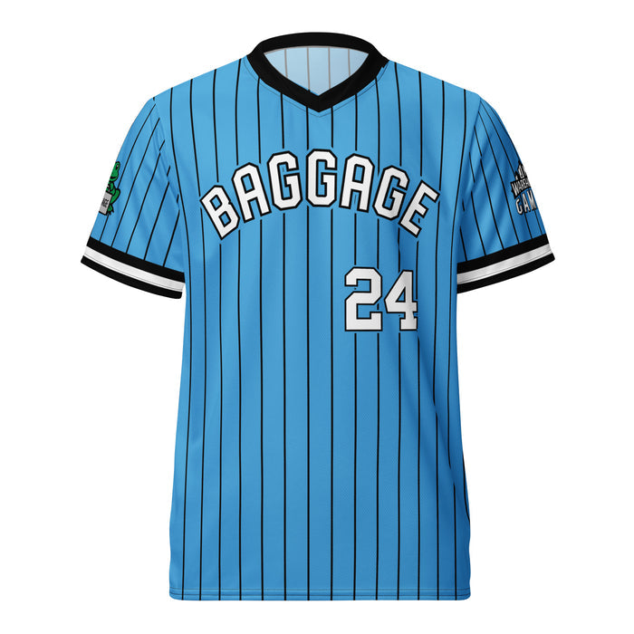 Blue Blitzball Battle 6 jersey with black and white accents, "Baggage" and number 24 printed on front, team logo on sleeve.