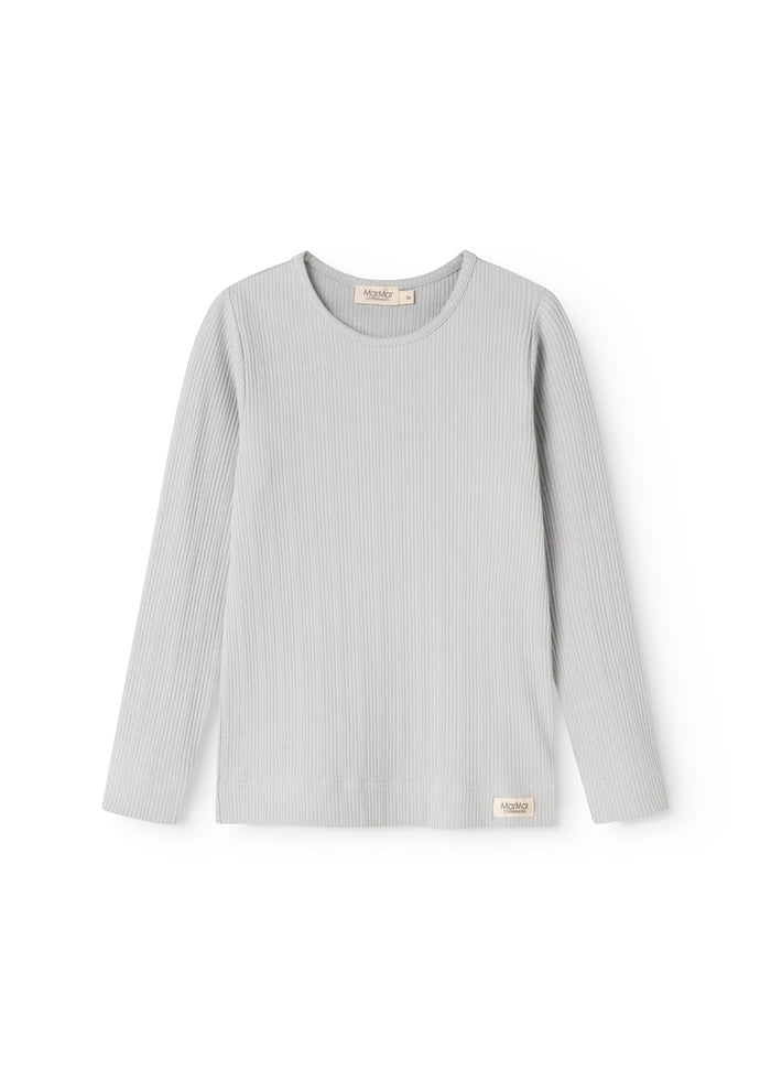 Light gray long-sleeve T‑shirt with crew neck and ribbed texture.