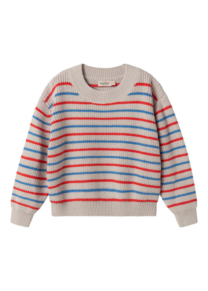 Striped t-shirt for children in beige with blue and red stripes.