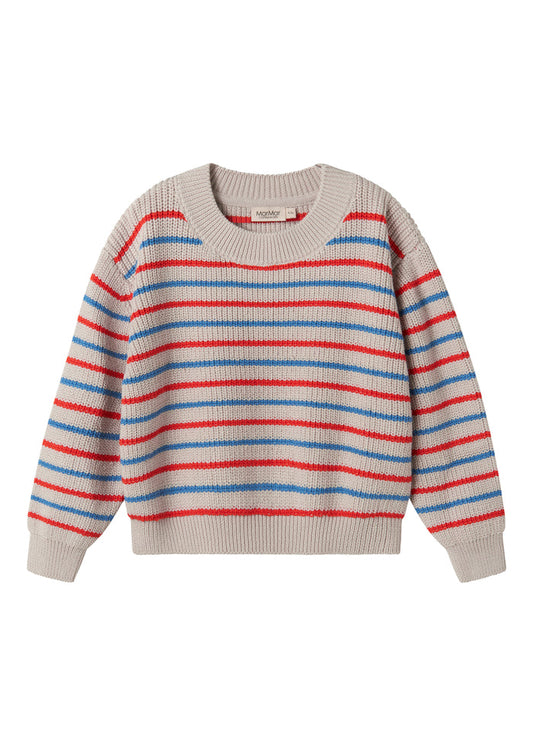 Striped t-shirt for children in beige with blue and red stripes.