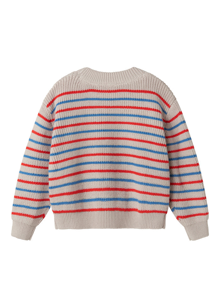 Striped t-shirt for children in beige with blue and red stripes.