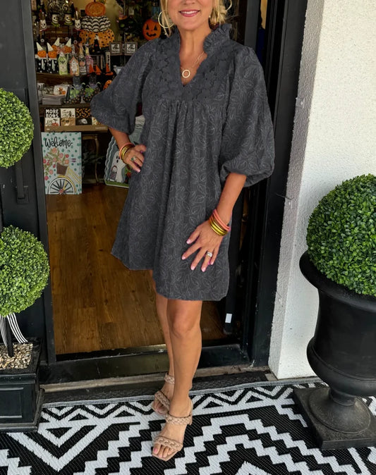 Tesia - Robe Courte Jacquard à Manches Bouffantes