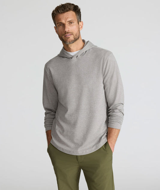Model is wearing UNTUCKit Textured Knit Hoodie in gray.