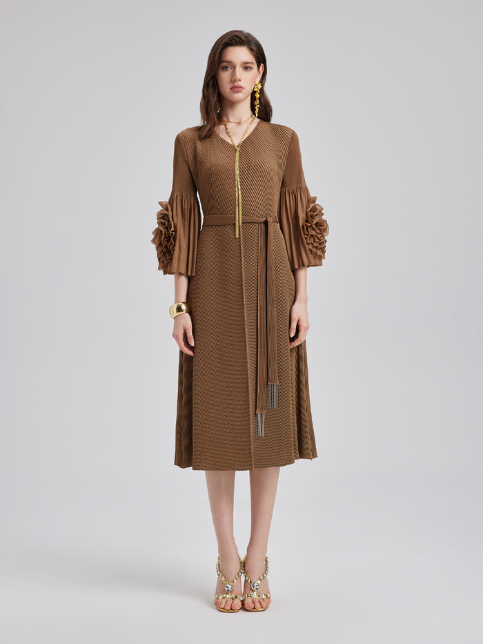 Textured V-Neck Maxi Dress with Belt