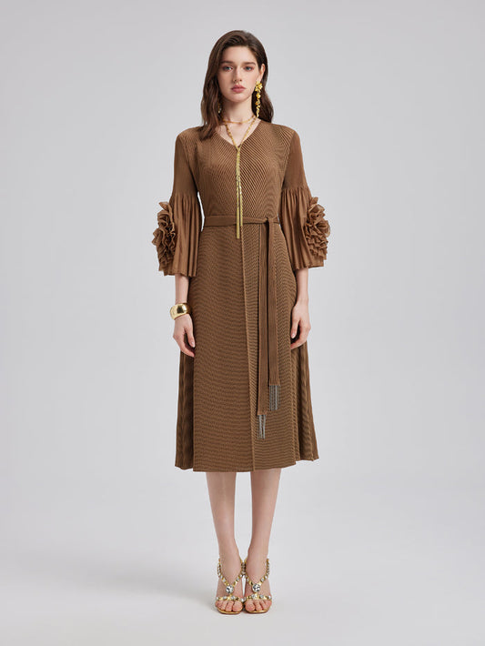 Textured V-Neck Maxi Dress with Belt