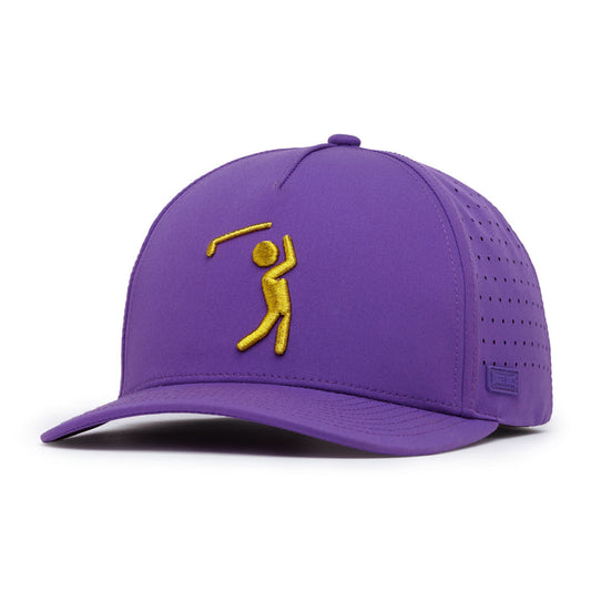 Purple cap with yellow golfer icon on a white background