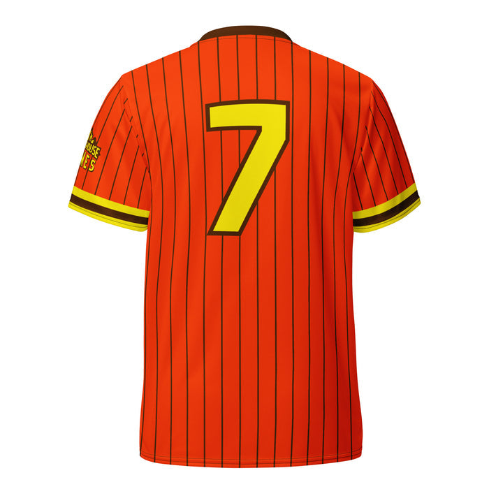 Back of an orange Blitzball Battle 5 jersey with black pinstripes, large yellow number 7, and yellow and black trim on sleeves.