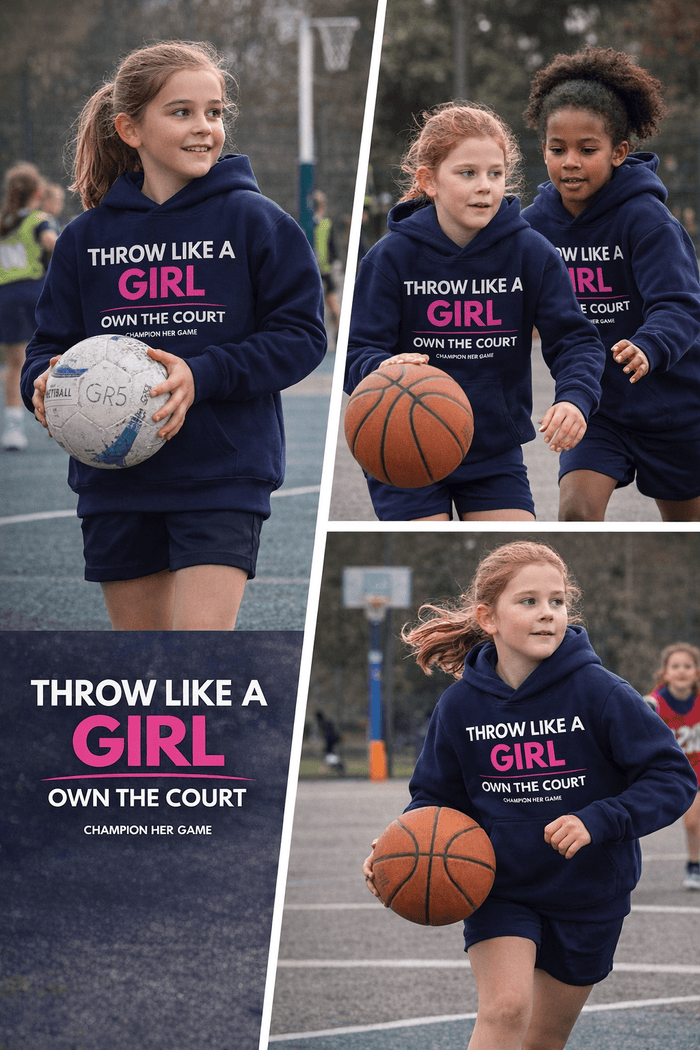Grassroots girls sports training - Throw Like a Girl Own the Game technical sports top for junior athletes. Navy hoodies